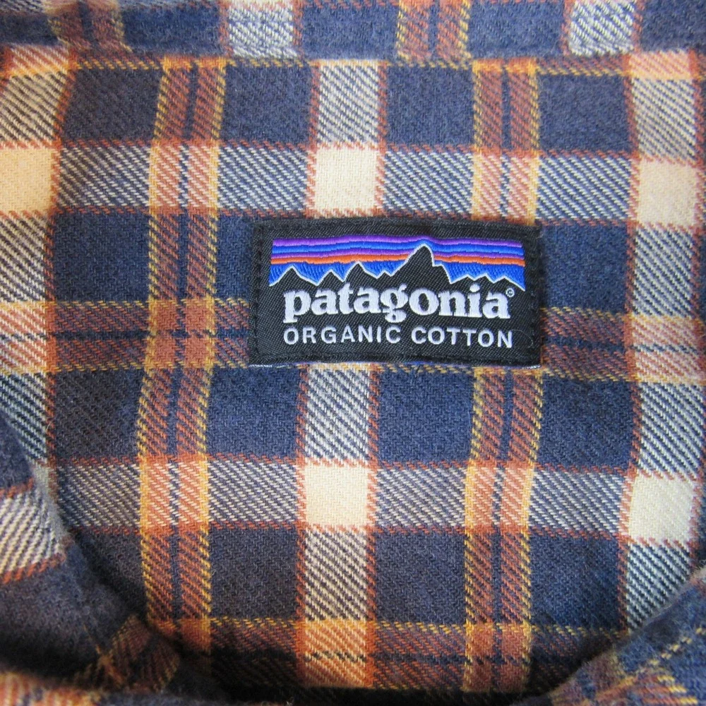 Patagonia Flannel Shirt Mens XL Blue Orange Plaid Excellent Organic Cotton L/S